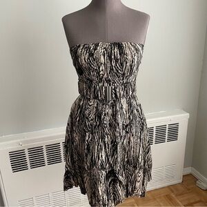 strapless black & cream wood grain pattern mini dress with belt